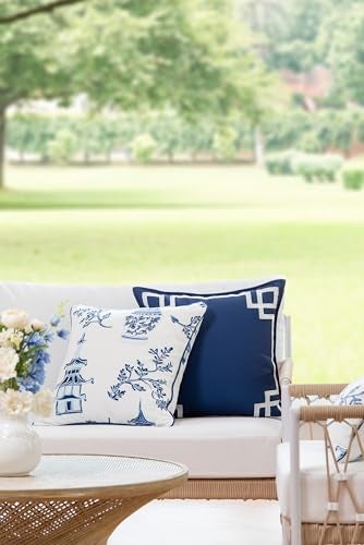 Hofdeco Premium Coastal Patio Indoor Outdoor Throw Pillow Cover Only 20x20 Water Repellent for Backyard Couch Navy Blue Chinoiserie with Piping - Image 3