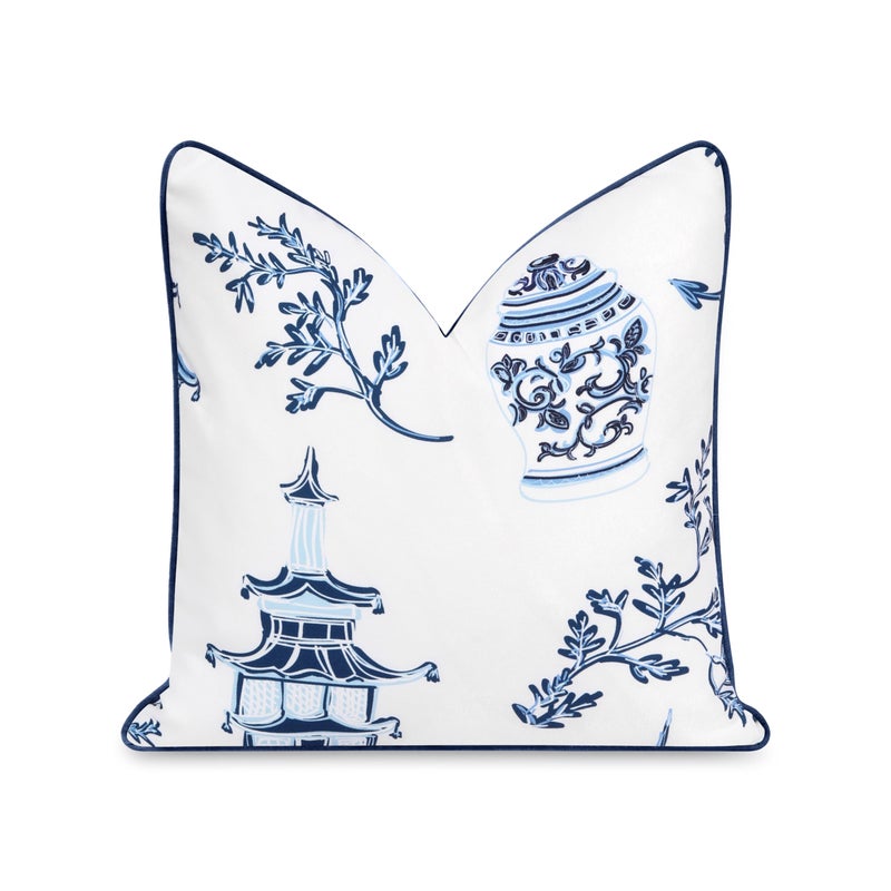 Hofdeco Premium Coastal Patio Indoor Outdoor Throw Pillow Cover Only 20x20 Water Repellent for Backyard Couch Navy Blue Chinoiserie with Piping - Image 2