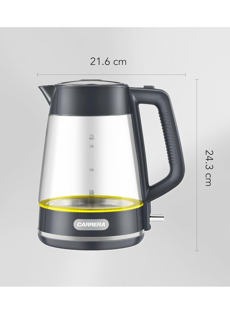 Carrera Glass Electric Kettle CRR 649 – 2200W Power, 1.7L Heat-Resistant Glass Jug, STRIX Controller, 360° Swivel Base, Boil-Dry Protection, Auto Shut-Off