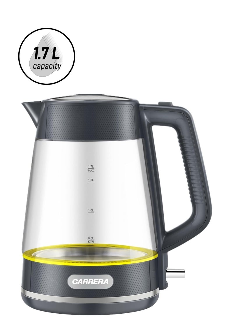 Carrera Glass Electric Kettle CRR 649 – 2200W Power, 1.7L Heat-Resistant Glass Jug, STRIX Controller, 360° Swivel Base, Boil-Dry Protection, Auto Shut-Off