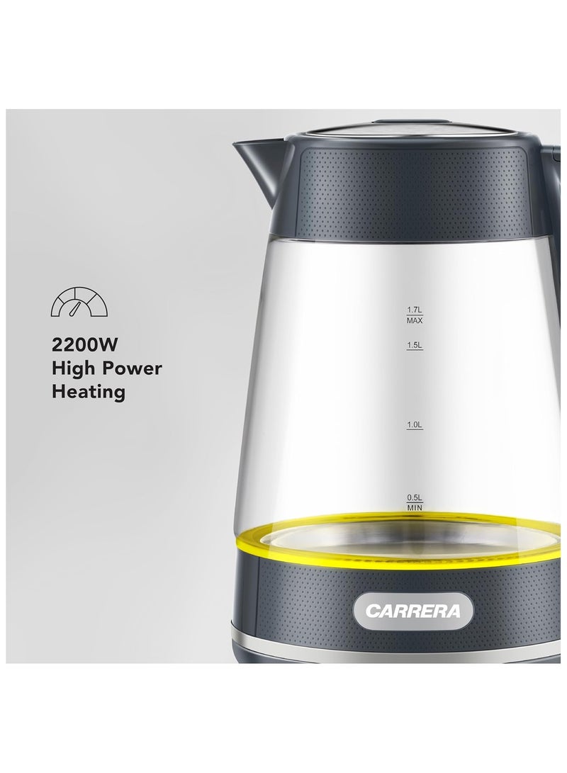 Carrera Glass Electric Kettle CRR 649 – 2200W Power, 1.7L Heat-Resistant Glass Jug, STRIX Controller, 360° Swivel Base, Boil-Dry Protection, Auto Shut-Off