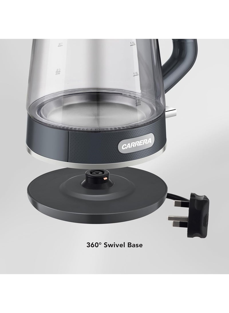 Carrera Glass Electric Kettle CRR 649 – 2200W Power, 1.7L Heat-Resistant Glass Jug, STRIX Controller, 360° Swivel Base, Boil-Dry Protection, Auto Shut-Off