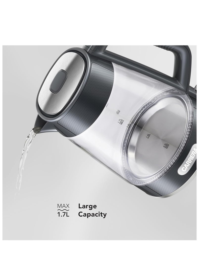 Carrera Glass Electric Kettle CRR 649 – 2200W Power, 1.7L Heat-Resistant Glass Jug, STRIX Controller, 360° Swivel Base, Boil-Dry Protection, Auto Shut-Off
