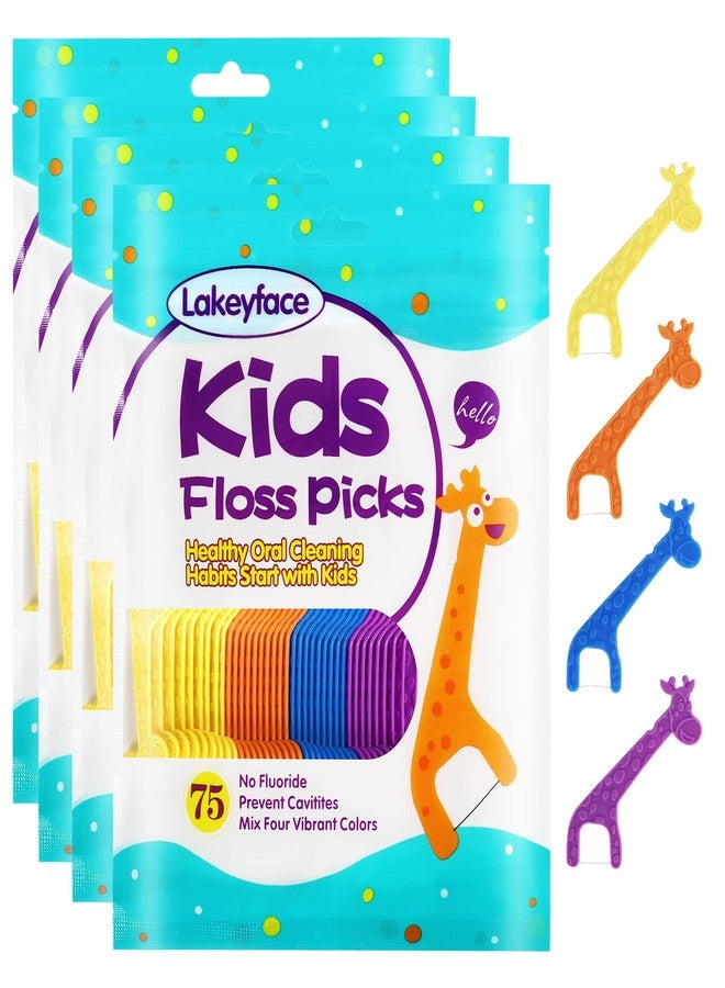 Lakeyface 300 Count Kids Flossers, Cute Giraffe Kids Floss Picks, No Fluoride BPA Free Dental Floss Picks, Unflavored Flossers for Kid, 4 Colors, 75 Count (Pack of 4 - Image 1