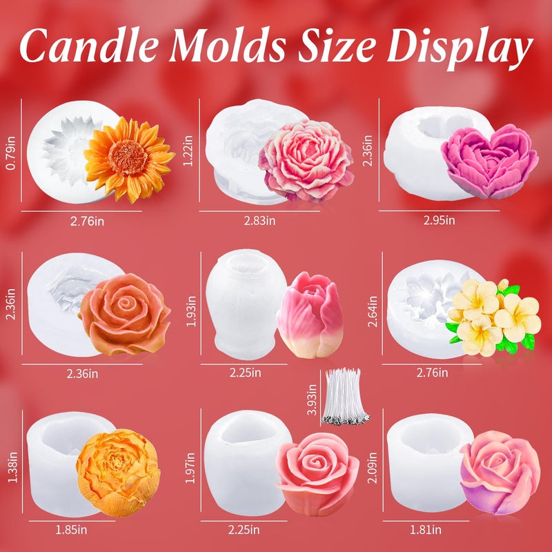 MGLIFEUL 9Pcs Rose Flower Tulip Peony Heart Candle Soap Wax Mold Valentine Day Silicone for Small Butter Candles Chocolate Making Molds Silicones Shapes Moldes De Rosas Silicona para Velas - Image 2