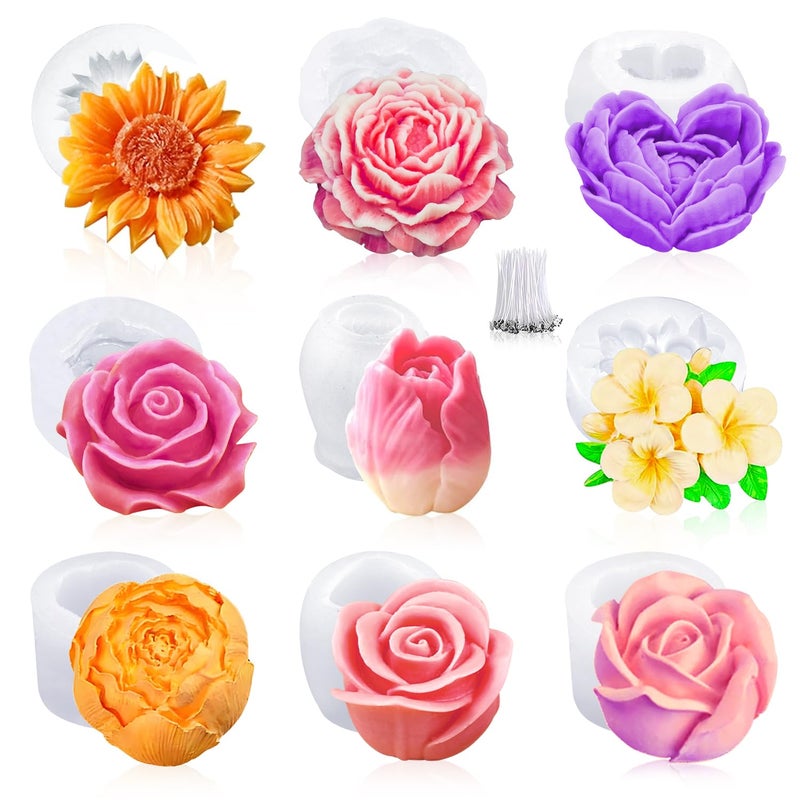 MGLIFEUL 9Pcs Rose Flower Tulip Peony Heart Candle Soap Wax Mold Valentine Day Silicone for Small Butter Candles Chocolate Making Molds Silicones Shapes Moldes De Rosas Silicona para Velas - Image 1