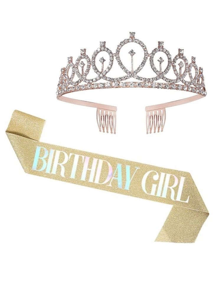 MARGOUN Birthday Girl Sash and Rhinestone Diamond Tiara Set Girls Women Birthday Decoration Party Supplies - Image 1
