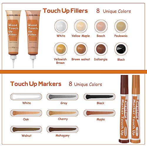 REALINN Wood Furniture Repair Kit 8 Light Colors- Wood Fillers and Touch Up Markers, Repair Scratch, Cracks, Discoloration for Wooden Door, Floor, Table, Cabinet - Image 2