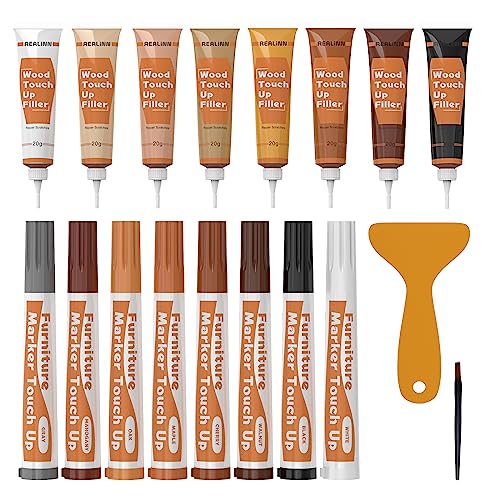 REALINN Wood Furniture Repair Kit 8 Light Colors- Wood Fillers and Touch Up Markers, Repair Scratch, Cracks, Discoloration for Wooden Door, Floor, Table, Cabinet - Image 1