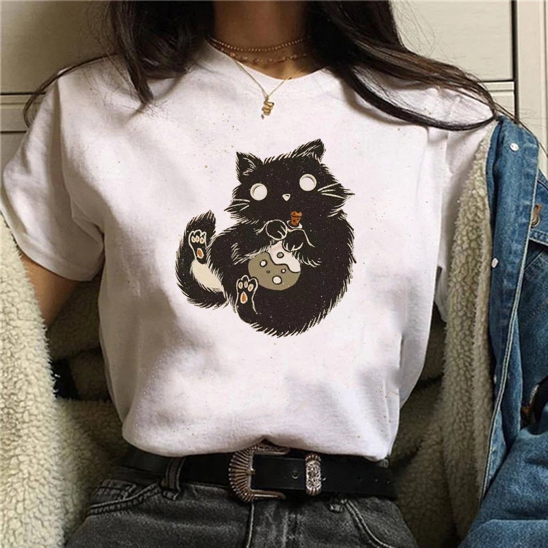 2025 Foreign Trade Cross-border New Women's T-shirt Cat Animal Pattern T-shirt Casual Printed Short-sleeved Cotton Top for Women - Image 5
