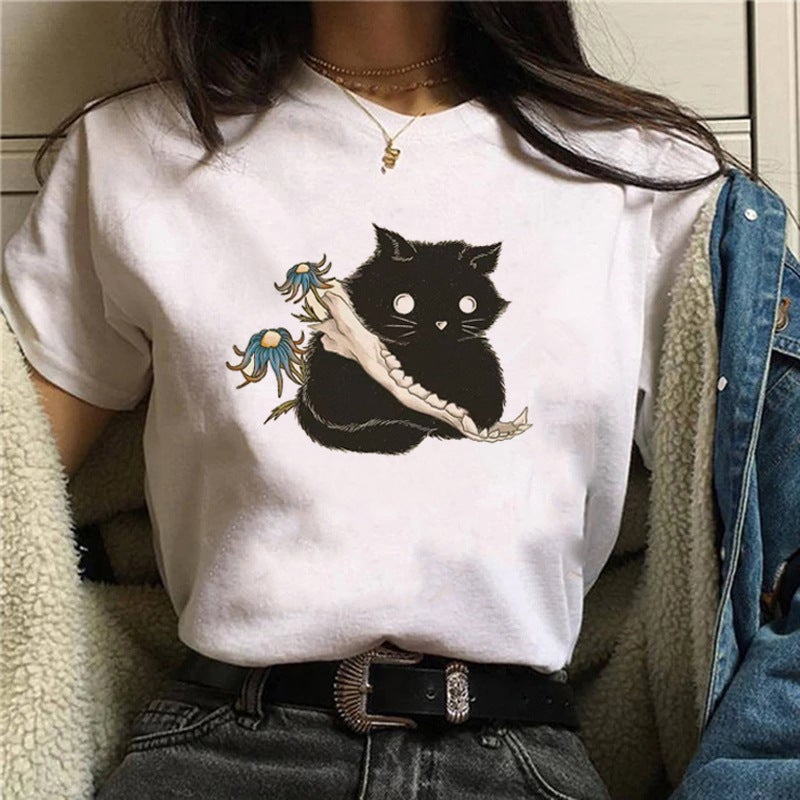 2025 Foreign Trade Cross-border New Women's T-shirt Cat Animal Pattern T-shirt Casual Printed Short-sleeved Cotton Top for Women - Image 2