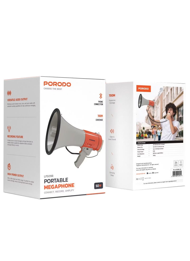Porodo Portable Wireless Rechargeable Megaphone with Carrying Strap, Speaker, Up to 8 Hours of Battery Life, 50W Power Output, Up to 700m Effective Range, Recording Feature, Clear & Loud Sound - Orange