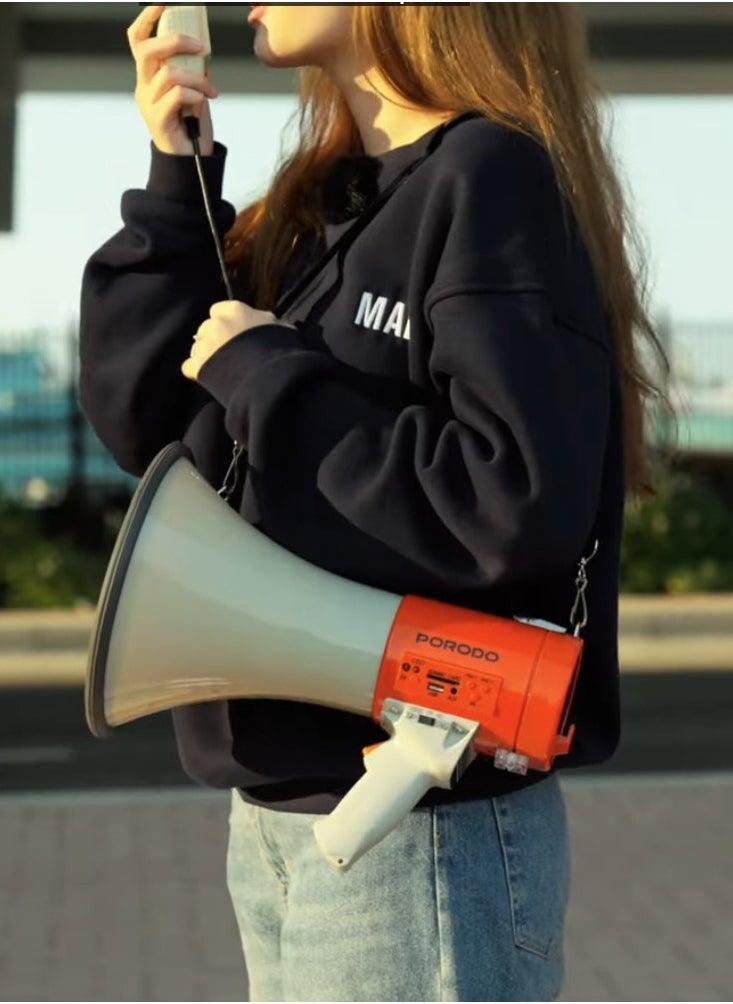 Porodo Portable Wireless Rechargeable Megaphone with Carrying Strap, Speaker, Up to 8 Hours of Battery Life, 50W Power Output, Up to 700m Effective Range, Recording Feature, Clear & Loud Sound - Orange