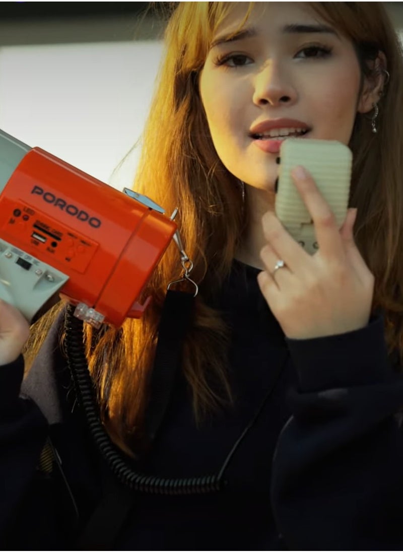 Porodo Portable Wireless Rechargeable Megaphone with Carrying Strap, Speaker, Up to 8 Hours of Battery Life, 50W Power Output, Up to 700m Effective Range, Recording Feature, Clear & Loud Sound - Orange