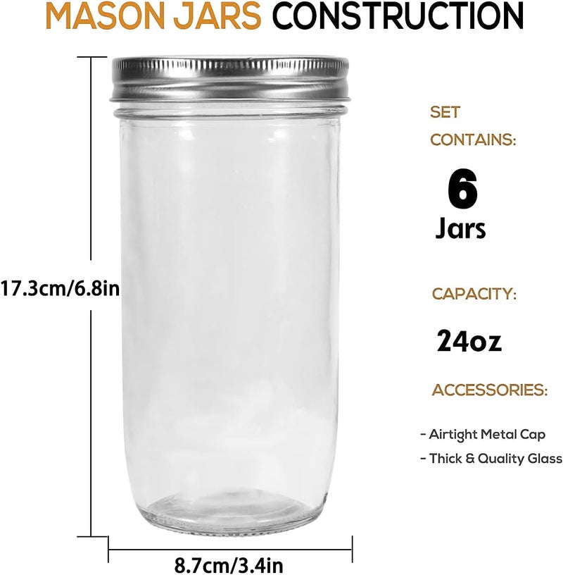 Ieavier Mason Jars Wide Mouth 24oz, 6 pack Glass Pickle Canning Jars Food Storage With Airtight Mason Jar lids and Bands for Canning, Preserving, Fermenting, Pickling, DIY Projects - Image 2