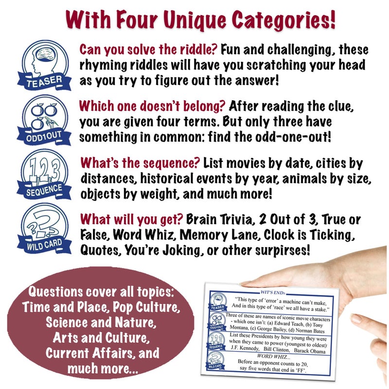 Game Development Group Wit's End - A Brain-Teasing Trivia Board Game - 4 Unique Card Categories Challenge Players' Minds -for Adult and Family Game Night - Image 3