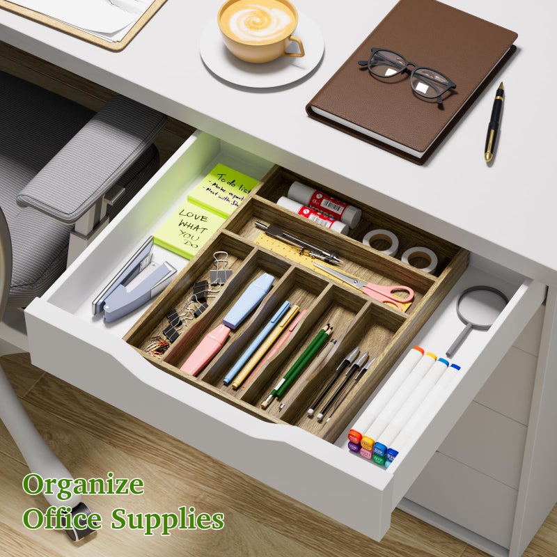 Kiasthome Acacia Wood Silverware Drawer Organizer, Kitchen Utensil Cutlery Drawer Organizer with Grooved Dividers, Flatware Organizer Silverware Tray Holder for Spoon, Fork, 13''x16.9'' (7 Slots) - Image 4