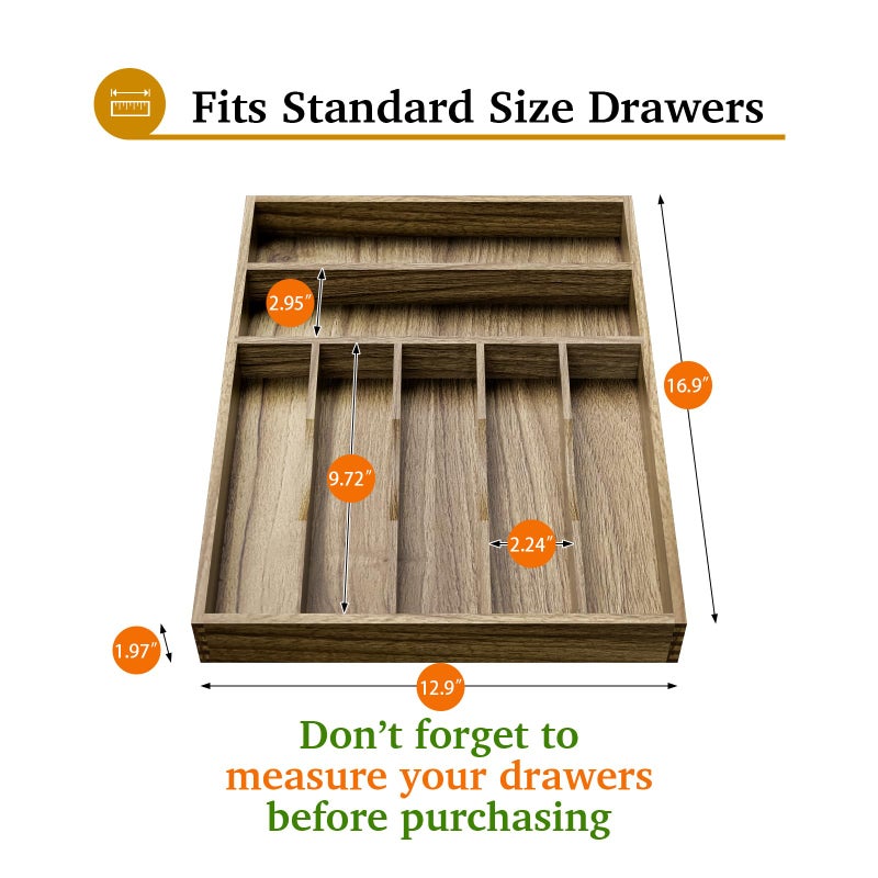 Kiasthome Acacia Wood Silverware Drawer Organizer, Kitchen Utensil Cutlery Drawer Organizer with Grooved Dividers, Flatware Organizer Silverware Tray Holder for Spoon, Fork, 13''x16.9'' (7 Slots) - Image 2