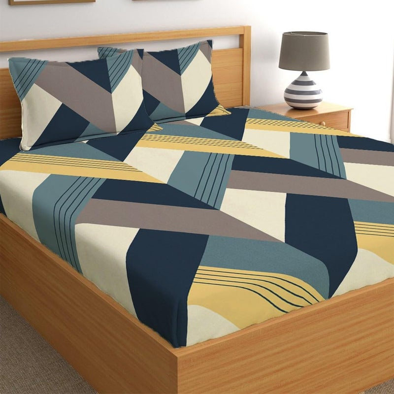 LOOMLYFE 300 TC Cotton Feel Glace Cotton Elastic Fitted Printed King Size Double Bed Bedsheet with 2 Pillow Covers Fits Upto 8 inches Mattress, Size- 72X78 Inches, BlueArrow - Image 1