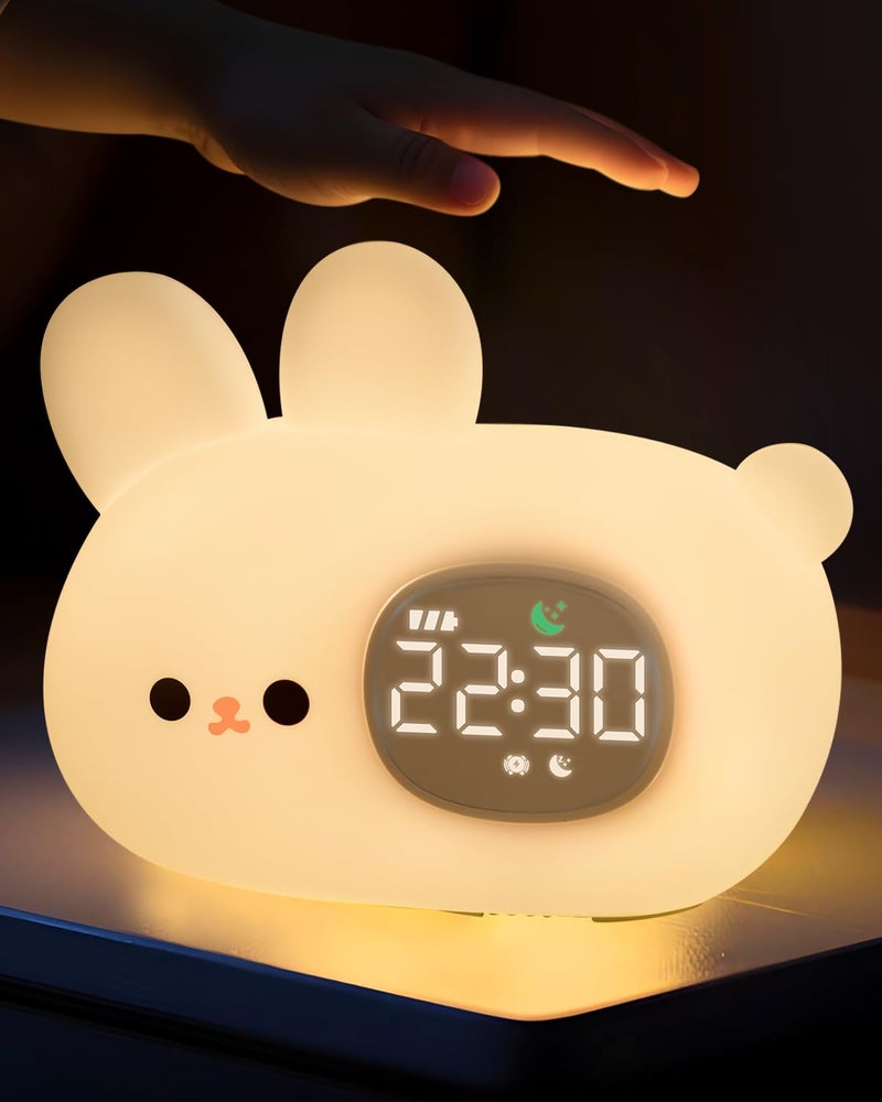 Bunny Alarm Clock for Kids with Night Light Sleep Training Clock Time to Wake Clock Rechargeable Silicone Light for Bedroom Perfect Sleep Companion for Boys Girls