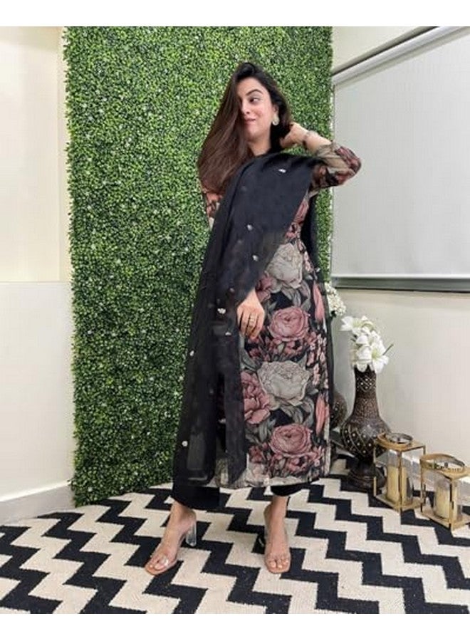 آني ديزاينر قميص كورتا نسائي من ANNI DESIGNER مطبوع عليه خطوط مستقيمة من مزيج القطن مع بنطلون ووشاح (Poona Black_XXL_Black_XX-Large) - Image 3