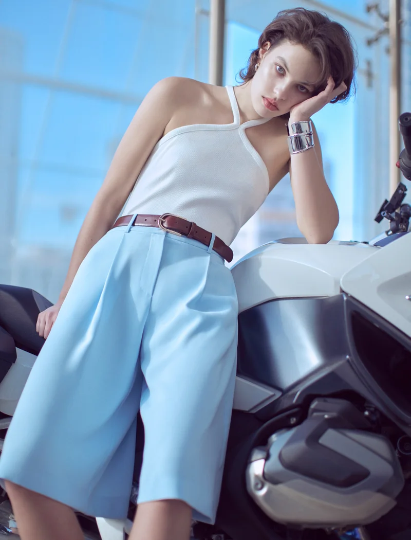 كوتون Zipper Detail Wide Leg Shorts