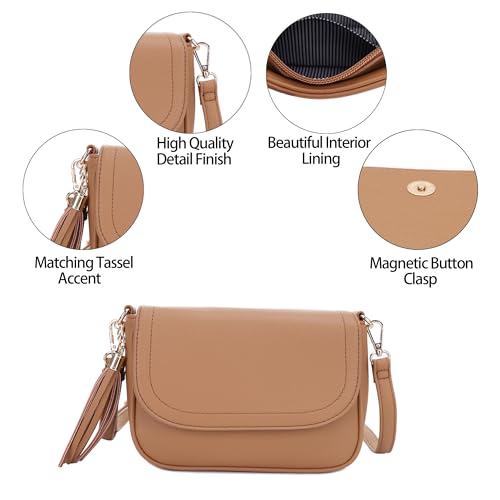 EVVE Small Crossbody Bag for Women Trendy Vegan Leather Flap Saddle Purses with Adjustable Shoulder Strap -Light Tan - Image 5