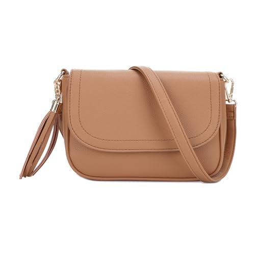 EVVE Small Crossbody Bag for Women Trendy Vegan Leather Flap Saddle Purses with Adjustable Shoulder Strap -Light Tan - Image 1