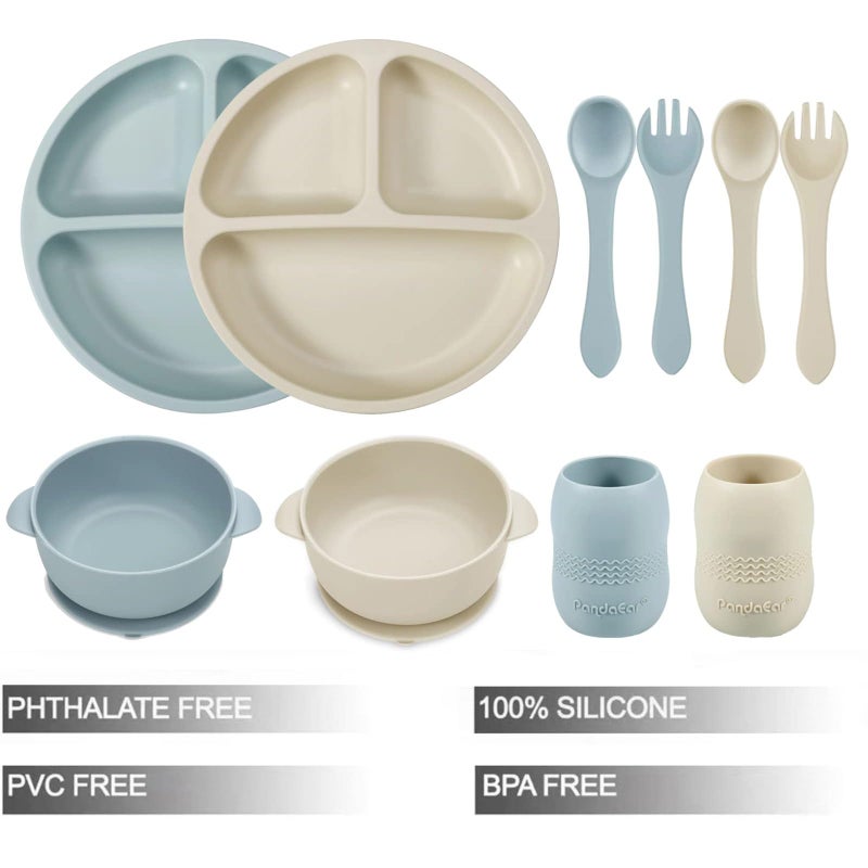 PandaEar Silicone Baby Feeding Set| 2 Divided Suction Plate + 2 Suction Bowl + 2 Tiny Cup with 2 Spoons| Baby Led Weaning Supplies Self Feeding Utensils (Blue White) - Image 2