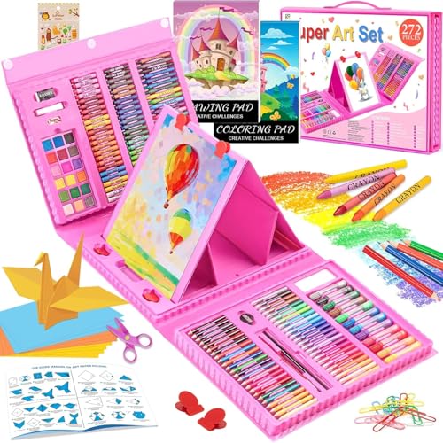 POPYOLA Art Supplies 272 Pack Art Set Drawing Kit for Girls Boys Teens Artist Deluxe Gift Art Box with Trifold Easel Origami Paper Coloring Book Drawing Pad Pastels Crayons Pencils WatercolorsPink 