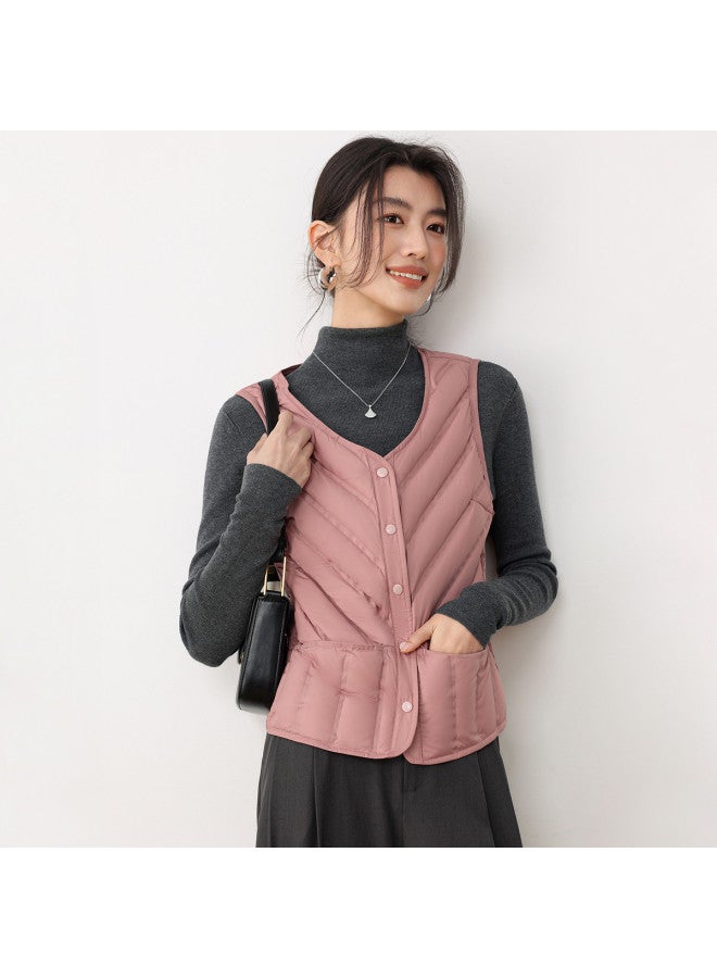 YaYa Winter Classic V-neck Women's Vest, Wear Inside Or Outside, Button Placket, Solid Color, Simple, 90% Down Vest For Women - Image 3
