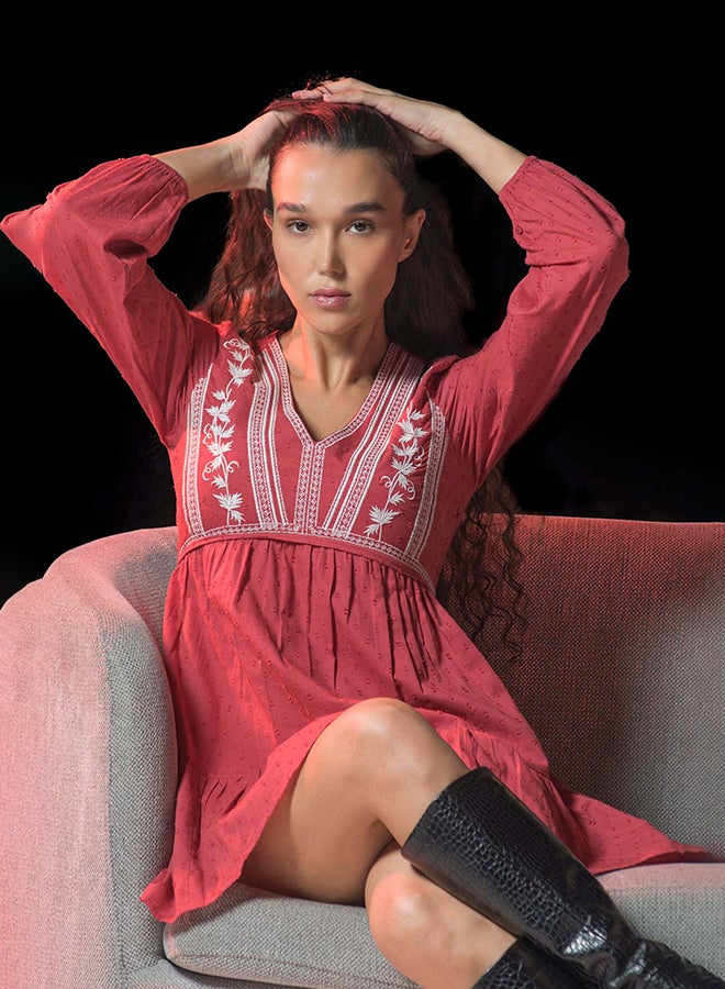 VIRGIO 100% Cotton Dress With Intricate Contrast Embroidery - Image 2