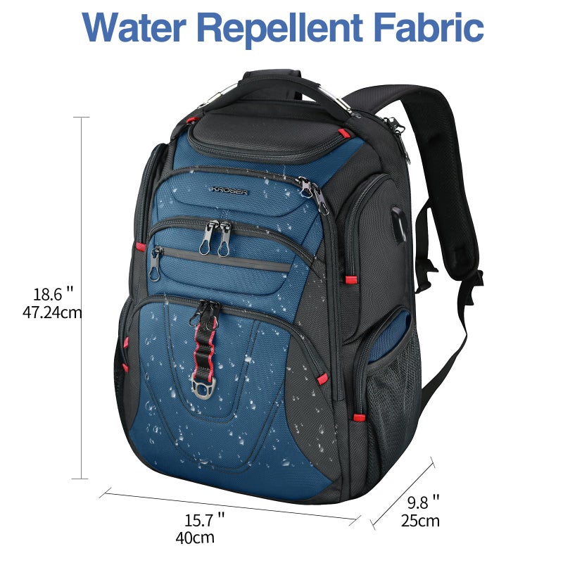 KROSER Friendly Travel Laptop Backpack 17.3 inch XXXL Gaming Backpack Water-Repellent College Daypack Business Backpack with RFID Pockets & USB Port for Men/Women-Black/Haze Blue - Image 2