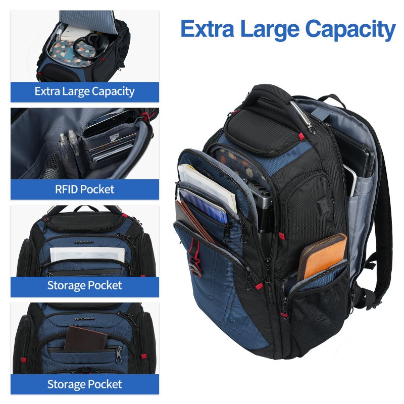 KROSER Friendly Travel Laptop Backpack 17.3 inch XXXL Gaming Backpack Water-Repellent College Daypack Business Backpack with RFID Pockets & USB Port for Men/Women-Black/Haze Blue - Image 3