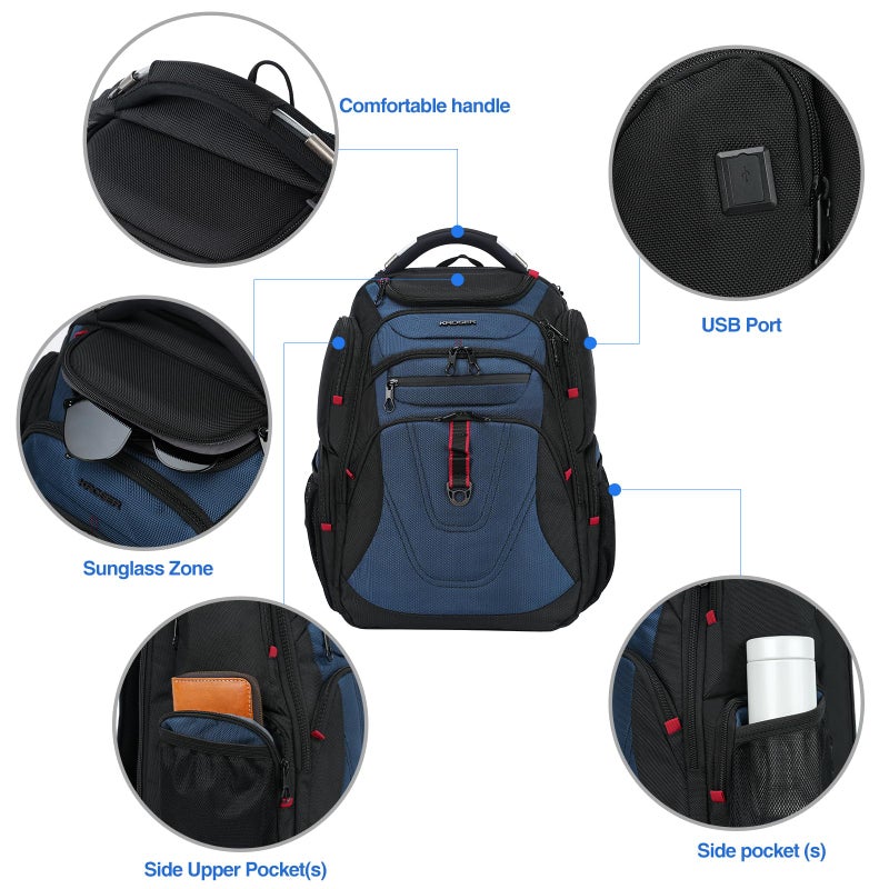 KROSER Friendly Travel Laptop Backpack 17.3 inch XXXL Gaming Backpack Water-Repellent College Daypack Business Backpack with RFID Pockets & USB Port for Men/Women-Black/Haze Blue - Image 4