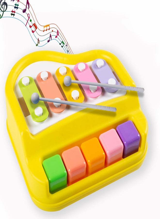 Gooyo 1512 Preschool Kids Educational Knock Playing Musical Xylophone Toy for Kids | 2 in 1 Mini Musical Piano and Xylophone Toy with Colorful Keys & 2 Mallets | Yellow | No Batteries Required - Image 1