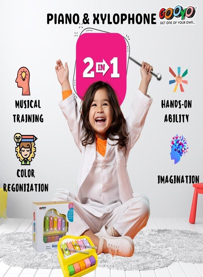 Gooyo 1512 Preschool Kids Educational Knock Playing Musical Xylophone Toy for Kids | 2 in 1 Mini Musical Piano and Xylophone Toy with Colorful Keys & 2 Mallets | Yellow | No Batteries Required - Image 4