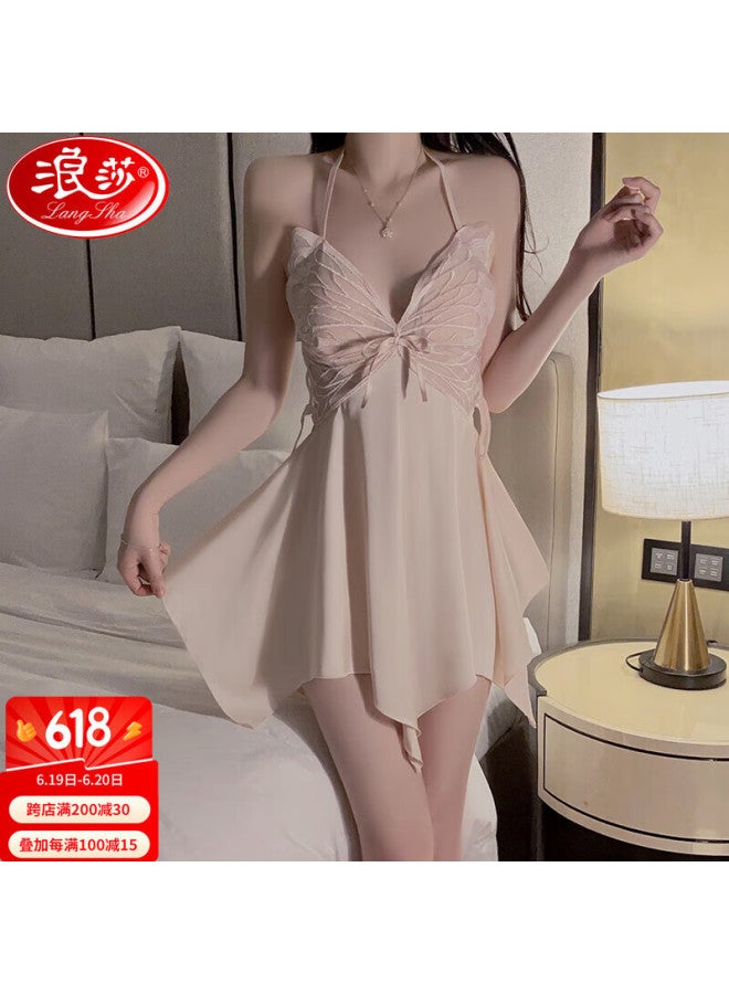 LANG SHA Langsha Women's French Style Silk Nightgown With Chest Pad Ice Silk Valentine's Day High-end Emotional Adjustment Women's Home Service Pajamas - Image 1