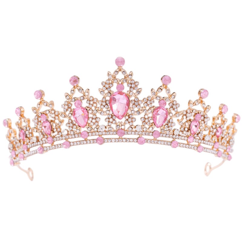 FORSEVEN Crystal Tiaras for Women, Wedding Tiaras and Crowns for Women Tiara for Girls Birthday Party Princess Crown Hair Accessories Bride Rhinestone Headbands (Gold+Pink) - Image 1