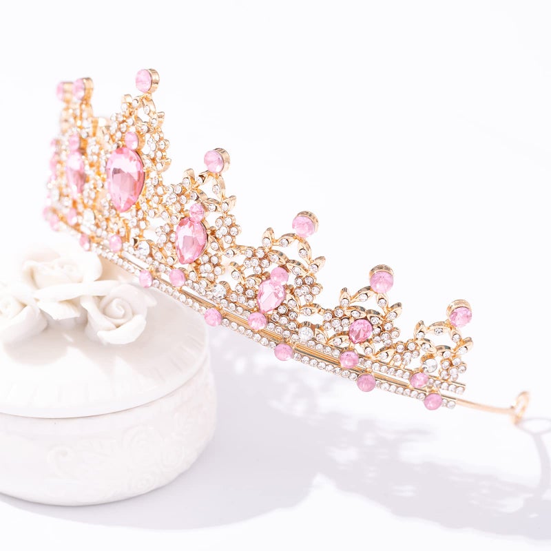 FORSEVEN Crystal Tiaras for Women, Wedding Tiaras and Crowns for Women Tiara for Girls Birthday Party Princess Crown Hair Accessories Bride Rhinestone Headbands (Gold+Pink) - Image 3