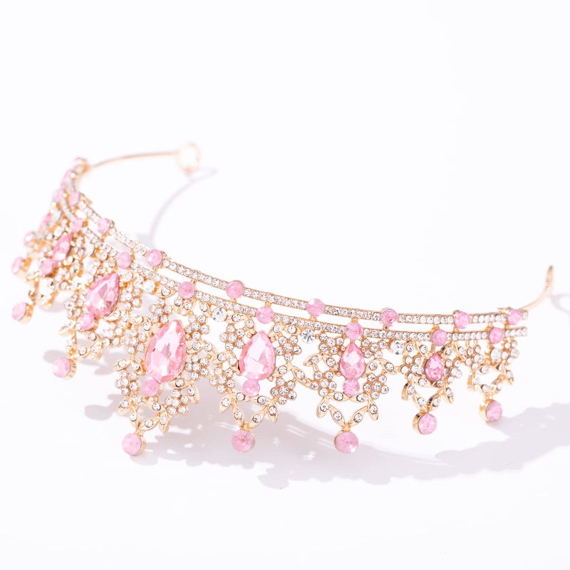 FORSEVEN Crystal Tiaras for Women, Wedding Tiaras and Crowns for Women Tiara for Girls Birthday Party Princess Crown Hair Accessories Bride Rhinestone Headbands (Gold+Pink) - Image 4
