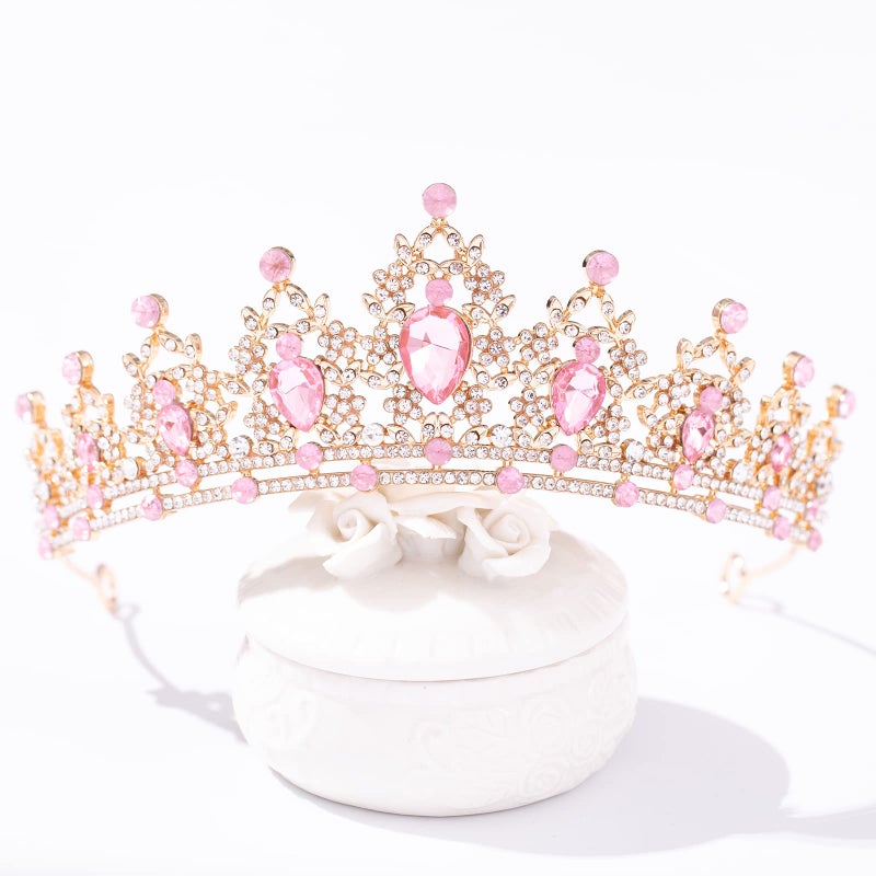 FORSEVEN Crystal Tiaras for Women, Wedding Tiaras and Crowns for Women Tiara for Girls Birthday Party Princess Crown Hair Accessories Bride Rhinestone Headbands (Gold+Pink) - Image 2