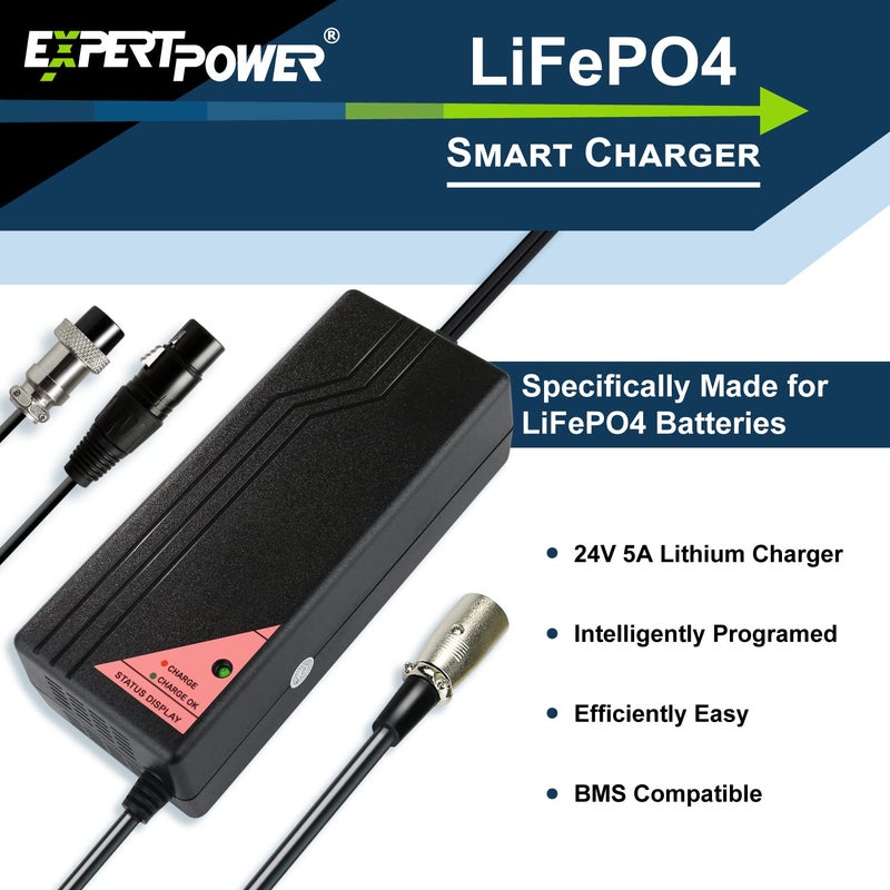 Expertpower 24V 5A Smart Electric Scooter Charger For Lithium Lifepo4 Rechargeable Batteries | Xlr Male/Inline Female | Go-Go Elite Traveller  Jazzy Power Chair  Pride Mobility Shopride  Schwinn - Image 3