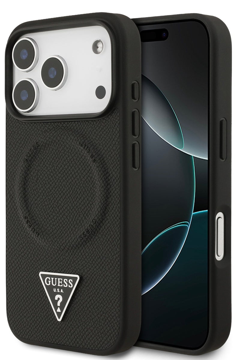 GUESS iPhone 17 Pro MagSafe PU Leather Case With Triangle Logo  / Magsafe Compatible / Ultra Slim / lightweight design / Easy Installation - Black - Image 2
