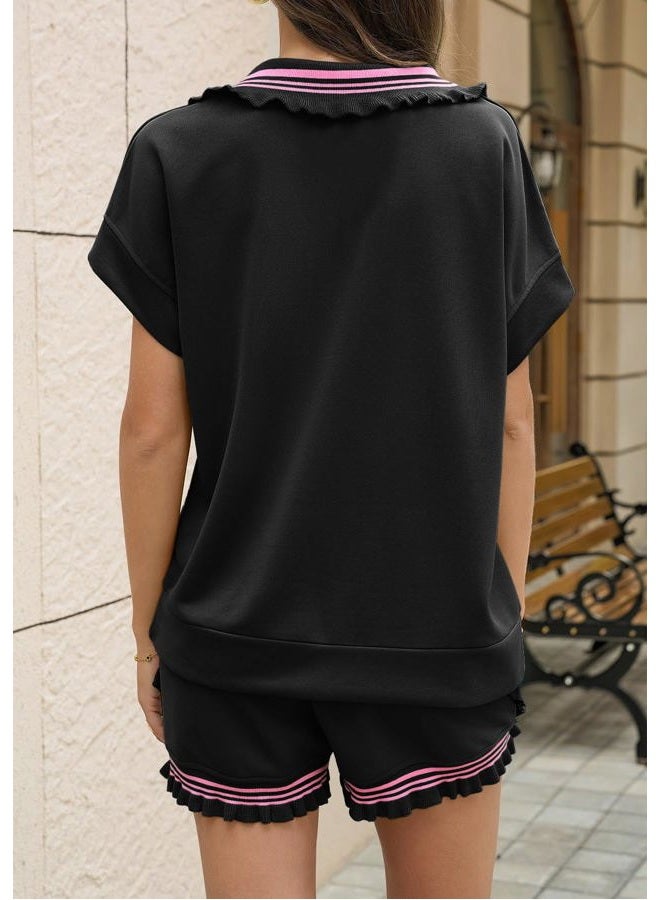Aoysky 2 Piece Outfits Short Sets for Women Sweatsuit Casual Tracksuits Summer Half Zip Ruffle Tops Matching Sets, Black, M - Image 4