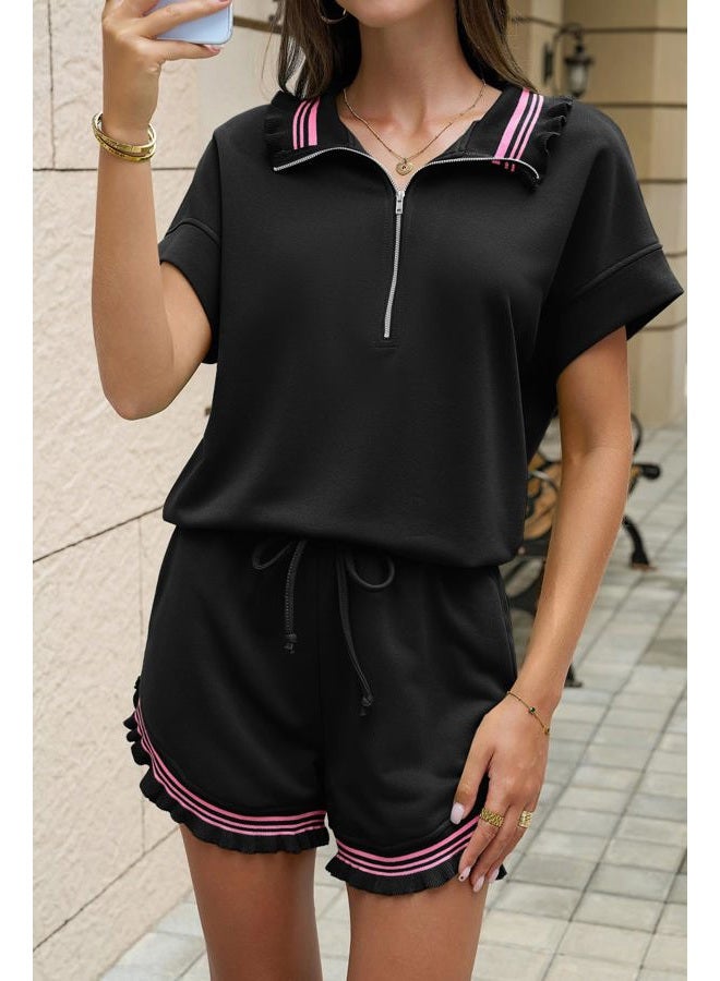 Aoysky 2 Piece Outfits Short Sets for Women Sweatsuit Casual Tracksuits Summer Half Zip Ruffle Tops Matching Sets, Black, M - Image 2