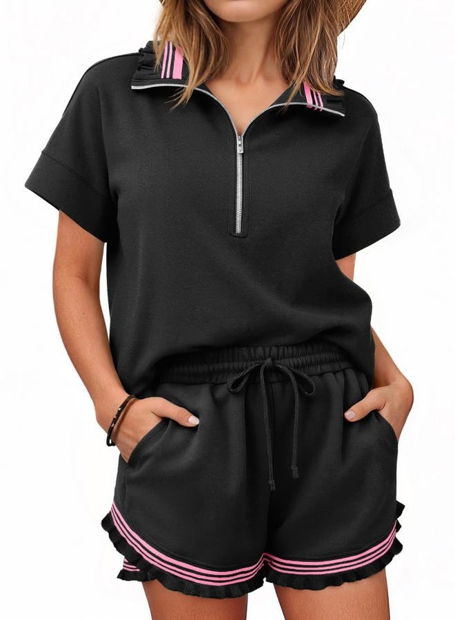 Aoysky 2 Piece Outfits Short Sets for Women Sweatsuit Casual Tracksuits Summer Half Zip Ruffle Tops Matching Sets, Black, M - Image 1