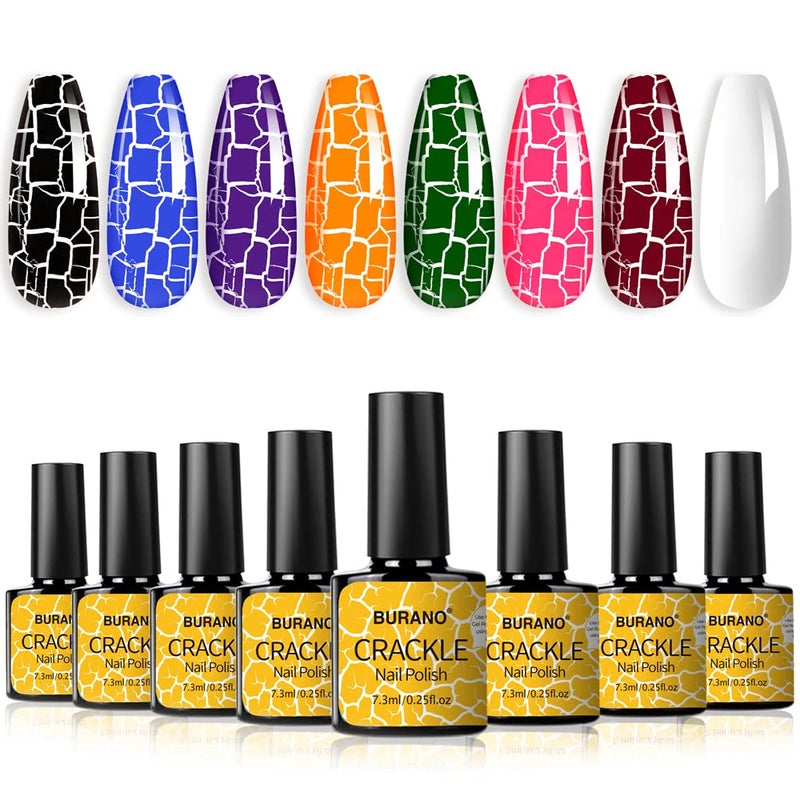 BURANO Crackle Gel Nail Polish Set - 7 Colors + White, Super Easy Cracked Nail Polish, Air Dry & UV Lamp Needed - Image 1
