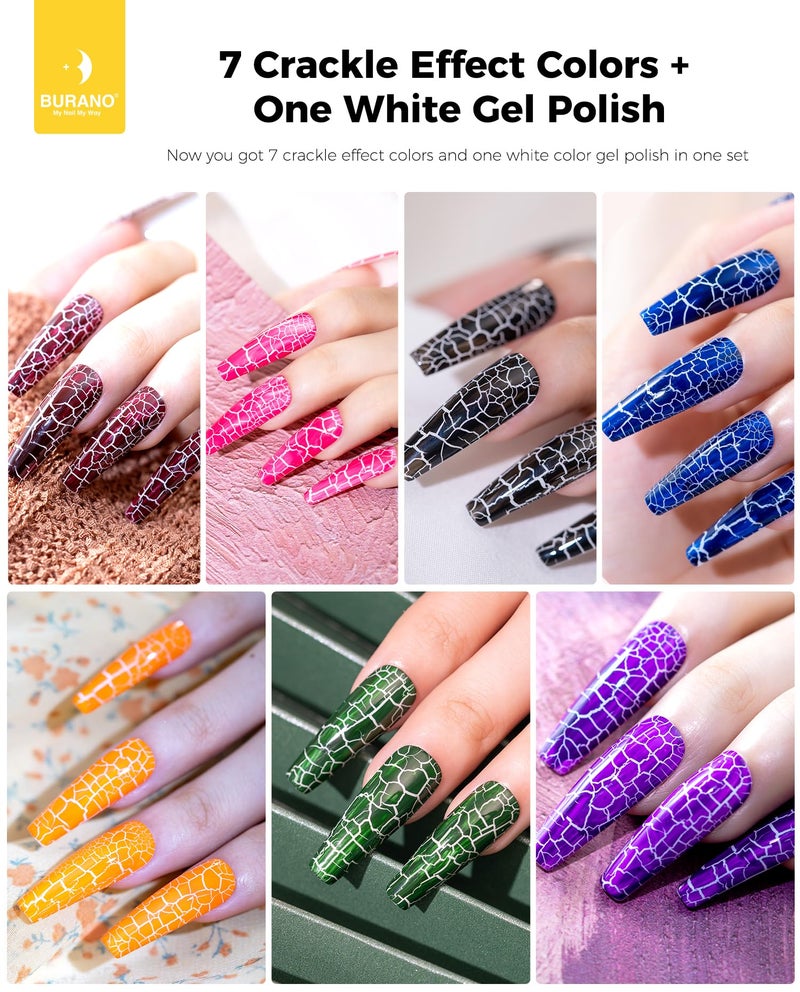 BURANO Crackle Gel Nail Polish Set - 7 Colors + White, Super Easy Cracked Nail Polish, Air Dry & UV Lamp Needed - Image 2