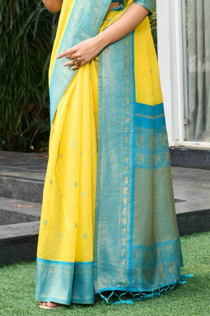 SGF11 Women's Kanjivaram Soft Cotton Linen Silk Saree With Unstitched Blouse Piece (Yellow Blue) - Image 3